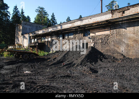 Pile of black coal pieces near the dirt gray brick wall of a building in the forest Stock Photo