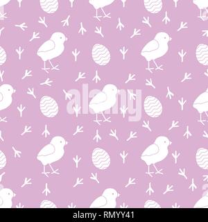 Seamless pattern with chicken, traces of chicken, decorated eggs. Happy Easter. Festive background. Design for banner, poster or print. Stock Vector