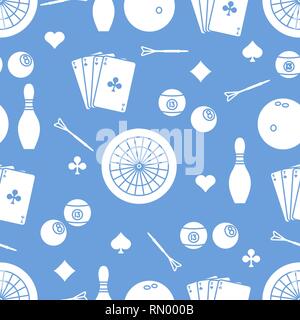 Seamless pattern with bowling pins and bowls, target and arrows for darts, playing cards, billiard balls. Sports background. Design for banner, poster Stock Vector
