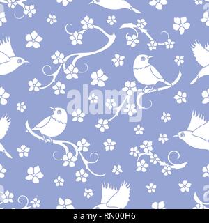 Seamless pattern with sakura branches, birds. Japan nature. Branches of cherry blossoms. Design for card, announcement, advertisement, banner or print Stock Vector