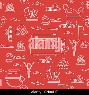 Seamless pattern with zipper, needles, thimble, pins, threads, buttons, scissors, sewing machine, iron. Sewing and needlework background. Template for Stock Vector