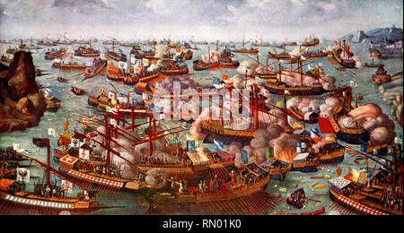 The Battle of Lepanto, 1571. The Battle of Lepanto was a naval engagement that took place 7th October 1571, between the Holy League, led by the Venetian Republic who along with the Spanish Empire, inflicted a major defeat on the fleet of the Ottoman Empire in the Gulf of Patras. Stock Photo