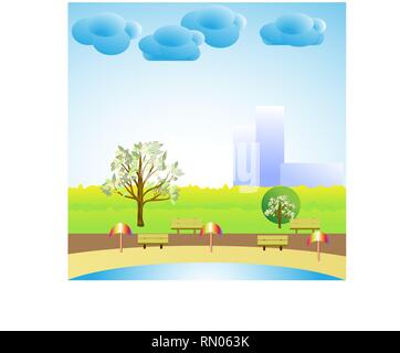 Cartoon nature suburban landscape with lake beach. Nature near beach with benches and beach umbrellas Stock Vector