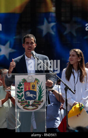 Caracas, Venezuela. 2nd Feb, 2019. Venezuelan opposition leader and self-proclaimed interim president Juan Guaido and his wife Fabiana Rosales react d