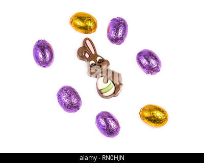 Chocolate eggs and bunny candy for easter celebration Stock Photo