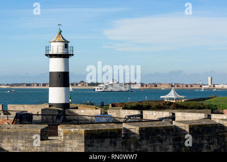 View from Southsea Castle to Gosport and a ferry entering Portsmouth, Hampshire, UK Stock Photo