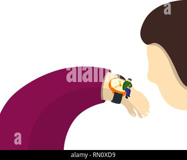 Man looks wristwatch on hand time. Other man sitting on clock. Vector illustration recursion. Mnimalism style Stock Vector