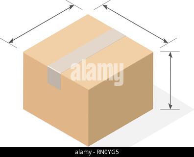 Miniature 3D box in the version with a closed lid with measuring arrows. Object on a white background with flat shadow. Isometric style. Stock Vector