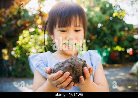 kid planting a tree for help to prevent global warming or climate change and save the earth. Concept of Mother Earth Day Stock Photo