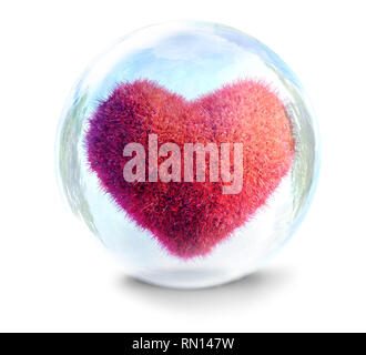Pink heart in glass bubble against starry sky background, 3d render ...