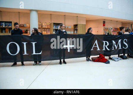 Activists are seen holding a banner during the protest. Hundreds of activists demonstrates inside The British Museum who was sponsoring the current exhibition “I am Ashurbanipal: king of the world, king of Assyria” which is featuring many ancient artefacts from what is now Iraq. By promoting BP, The British Museum is helping a major fossil fuel company and corporate criminal to cleanse its image, make new oil deals and hide its true activities. As the climate crisis unfolds and communities affected by fossil fuel extraction demand justice, it is no longer acceptable for museums and galleries t Stock Photo