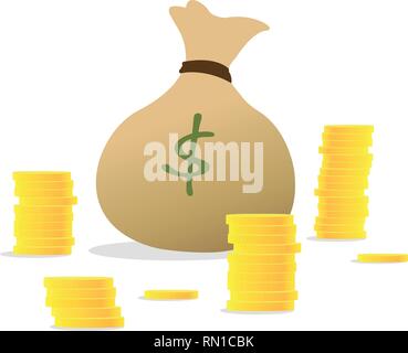 Stacks of coins and money bag. Concept of Money like a money bag, stack coins. Money bag and stacking gold coin. Money for loans to planned investment Stock Vector