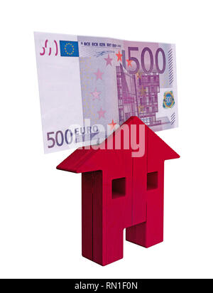 Red wooden house and a 500 euro bill, investments, buy and sell. Mortgage and loans. Concept. 3d rendering Stock Photo