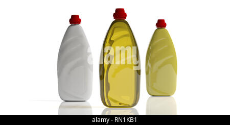 Dish soap containers. Dishwashing liquid detergent in blank plastic bottles, isolated on white background. 3d illustration Stock Photo