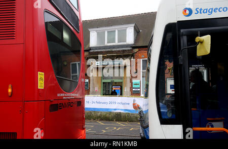 Rail replacement buses leave Three Bridges Station in Crawley, West Sussex, as one of Britain's busiest railway lines will be closed for nine days from today, causing major disruption to passengers. Stock Photo