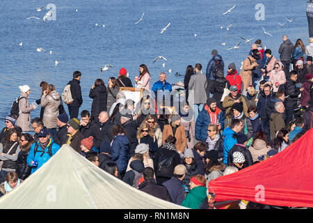 PRAGUE, CZECH REPUBLIC - FEBRUARY 16, 2019: People at the farmers market at the Naplavka riverbank Stock Photo