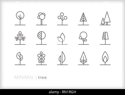 Set of 15 gray tree line icons showing abstract plants in nature Stock Vector