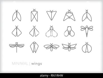 Set of 15 gray winged insect line icons showing various bugs such as a bee, moth, dragonfly, ladybug and butterfly Stock Vector
