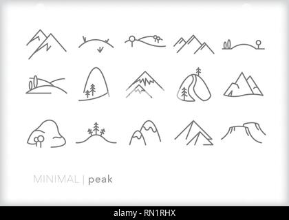 Set of 15 gray mountain peak line icons showing various types of landscapes and vistas including snow-capped mountains, hills, pyramids and rocks Stock Vector