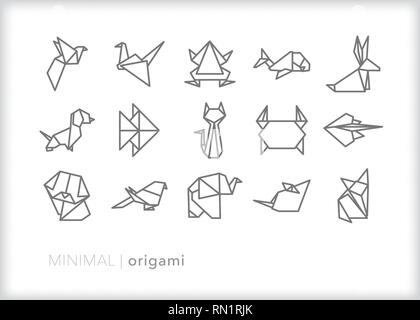 Set of 15 gray animal origami icons showing various mammals, birds and creatures as folded paper art Stock Vector