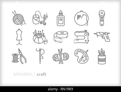 Set of 15 gray craft line icons of objects from craft hobbies such as crochet, knitting, painting, sewing and DIY projects Stock Vector