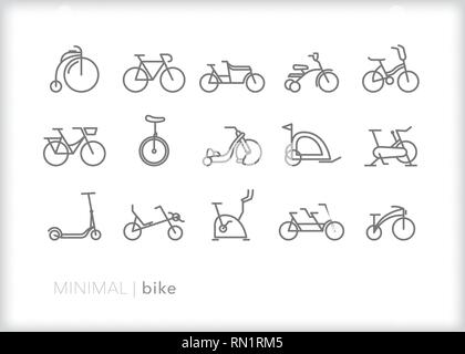 Set of 15 bike line icons showing various types of bicycles including old fashioned, cruiser, exercise, tandem, recumbent, tricycle, and unicycle Stock Vector