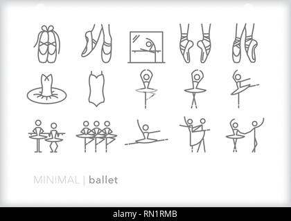 Set of 15 gray ballet icons of ballerina, dancer, tutu, ballet shoes, positions, practice and performance Stock Vector