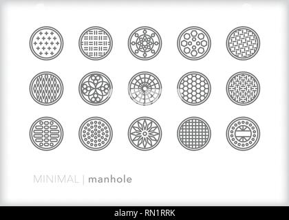Set of 15 gray metal manhole cover icons for street and construction infrastructure, drainage, electrical wires and sewer access Stock Vector