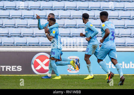 Ricoh arena, Coventry, UK. 16th Feb, 2019. Coventry, UK. 16th Feb, 2019. Bright Enobakhare of Coventry City celebrates with his team mates after he scores during the EFL Sky Bet League 1 match between Coventry City and Walsall at the Ricoh Arena, Coventry, England on 16 February 2019. Photo by Matthew Buchan. Editorial use only, license required for commercial use. No use in betting, games or a single club/league/player publications. Credit: UK Sports Pics Ltd/Alamy Live News Stock Photo