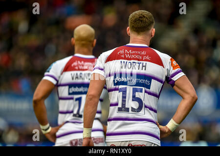 London, UK. 16th Feb 2019. Leicester Tigers George Worth and  Tom Varndell during the Aviva Premiership match between Saracens and Leicester Tigers at the Allianz Park, London, England on 16 February 2019. Photo by Phil Hutchinson. Editorial use only, license required for commercial use. No use in betting, games or a single club/league/player publications. Credit: UK Sports Pics Ltd/Alamy Live News Stock Photo