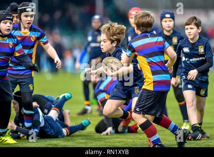 London, UK. 16th Feb 2019. Half time junior rugby takes to the field during the Aviva Premiership match between Saracens and Leicester Tigers at the Allianz Park, London, England on 16 February 2019. Photo by Phil Hutchinson. Editorial use only, license required for commercial use. No use in betting, games or a single club/league/player publications. Credit: UK Sports Pics Ltd/Alamy Live News Stock Photo