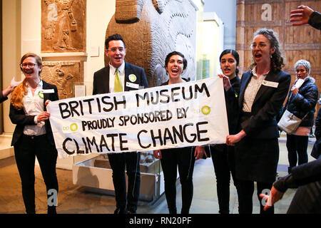 London, UK. 16th Feb, 2019. Activists are seen holding a banner as activists demonstrate inside The British Museum who is sponsoring the current exhibition 'I am Ashurbanipal: king of the world, king of Assyria' which is featuring many ancient artifacts from what is now Iraq. By promoting BP, The British Museum is helping a major fossil fuel company and corporate criminal to cleanse its image. Credit: ZUMA Press, Inc./Alamy Live News Stock Photo