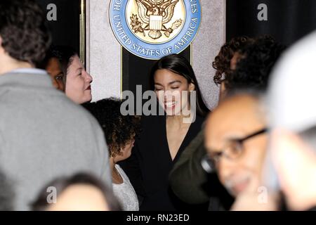 New York, NY, USA.  16th Feb, 2019. Freshman U.S. Congresswoman Alexandria Ocasio-Cortez (D-NY) has delivered her inaugural address in her Bronx home district on 15 February 2019. The address was delayed because of the recent partial government shutdown. The ceremony featured a ceremonial swearing-in, an address to her constituents and featured speeches by local political leaders and massive display of support from her supporters. © 2019 G. Ronald Lopez/DigiPixsAgain.us/Alamy Live News Stock Photo