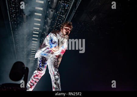 Birmingham, UK. 16th February 2019. Post Malone, real name Austin Richard , rapper singer, songwriter and record producer performing at The Resorts World Arena, Birmingham 2019-02-16 Credit: Gary Mather/Alamy Live News Stock Photo