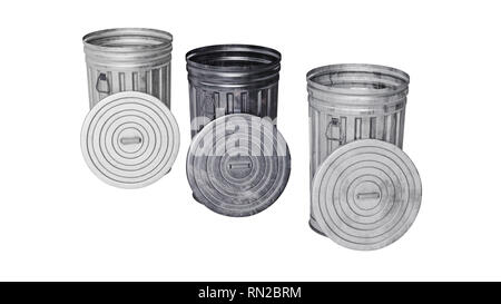 Metal Trash Can with trash. 3D rendering isolated on white background ...