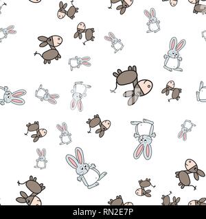 Seamless pattern of bunnies and donkeys in cartoon style. On white background, vector illustration. Stock Vector