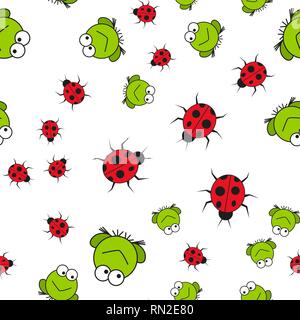 Seamless pattern of frogs and ladybugs in cartoon style. On white background, vector illustration. Stock Vector