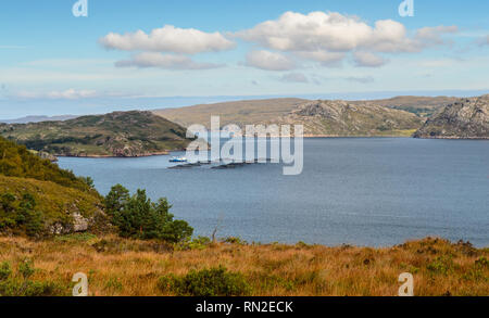 A caged salmon fish farm is anchored in Loch Torridon, an inlet of the Atlantic Ocean, at Ardheslaig in the Wester Ross district of the Highlands of S Stock Photo