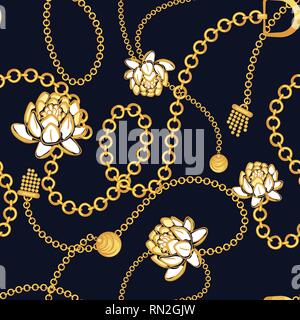 Golden chains bold floral blue pattern fashion vector design. Jewelry pendants accessories seamless print with texture for scarves, fabric and dress. Stock Vector