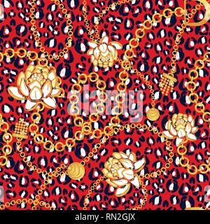 Gold chains red net pattern with bold flowers red leopard skin fashion vector design. Jewelry pendants accessories seamless print with red texture for Stock Vector