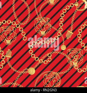 Tiger head and gold chains striped red pattern fashion wild vector design. Jewelry pendants accessories seamless print with animal skin texture for sc Stock Vector