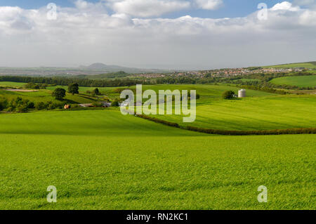 Arthur's Seat hill and buildings of Edinburgh's skyline are seen in the distance across the fields and woodland of the Lothian countryside on a summer Stock Photo