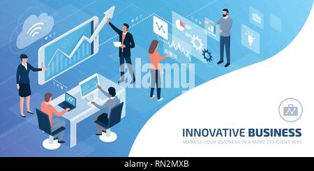 Business people team working together in a virtual environment with user interfaces and apps Stock Vector