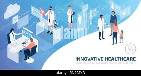 Professional doctors and patients in a virtual environment with user interfaces and screens, innovative healthcare concept Stock Vector