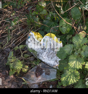Food packaging discarded in the countryside. Plastic wrapper waste. Stock Photo