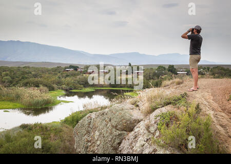 A young man looks for birds along the Breede River, Bontebok National Park, Western Cape, South Africa, where birdwatching and hiking are popular. Stock Photo