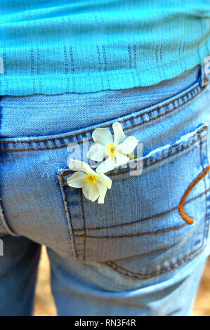 Rear view of a teenager wearing a pair of faded and worn blue jeans.  She has two flowers tucked into the rear pocket. Stock Photo