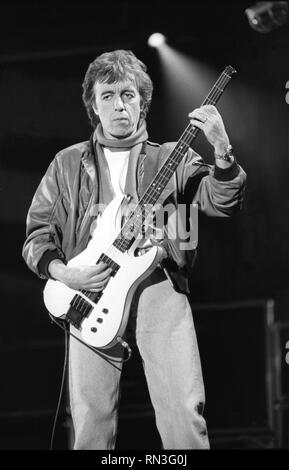 Bassist Darryl Jones is shown performing on stage during a 'live' concert appearance with the Rolling Stones. Stock Photo