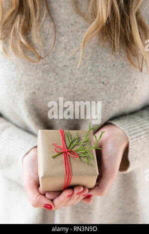 Hands of woman holding Christmas present Stock Photo