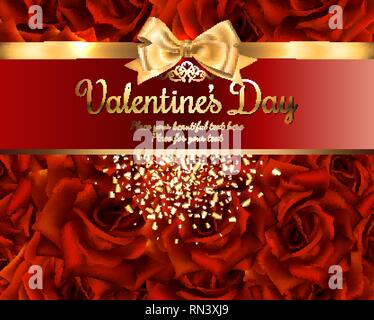 Beautiful romantic card for valentine s day or wedding, red roses background, place for you text with gold ribbon and bow, with shiny heart - shaped c Stock Vector
